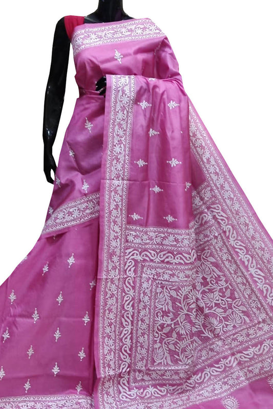 Exquisite Pink Kantha Work Bangalore Silk Saree: Hand Embroidered Elegance - Luxurion World