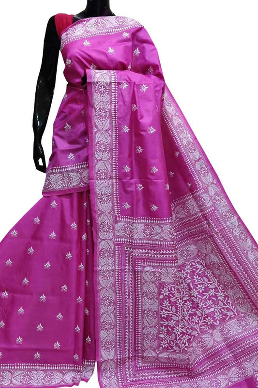 Exquisite Pink Kantha Work Silk Saree: Hand Embroidered Elegance
