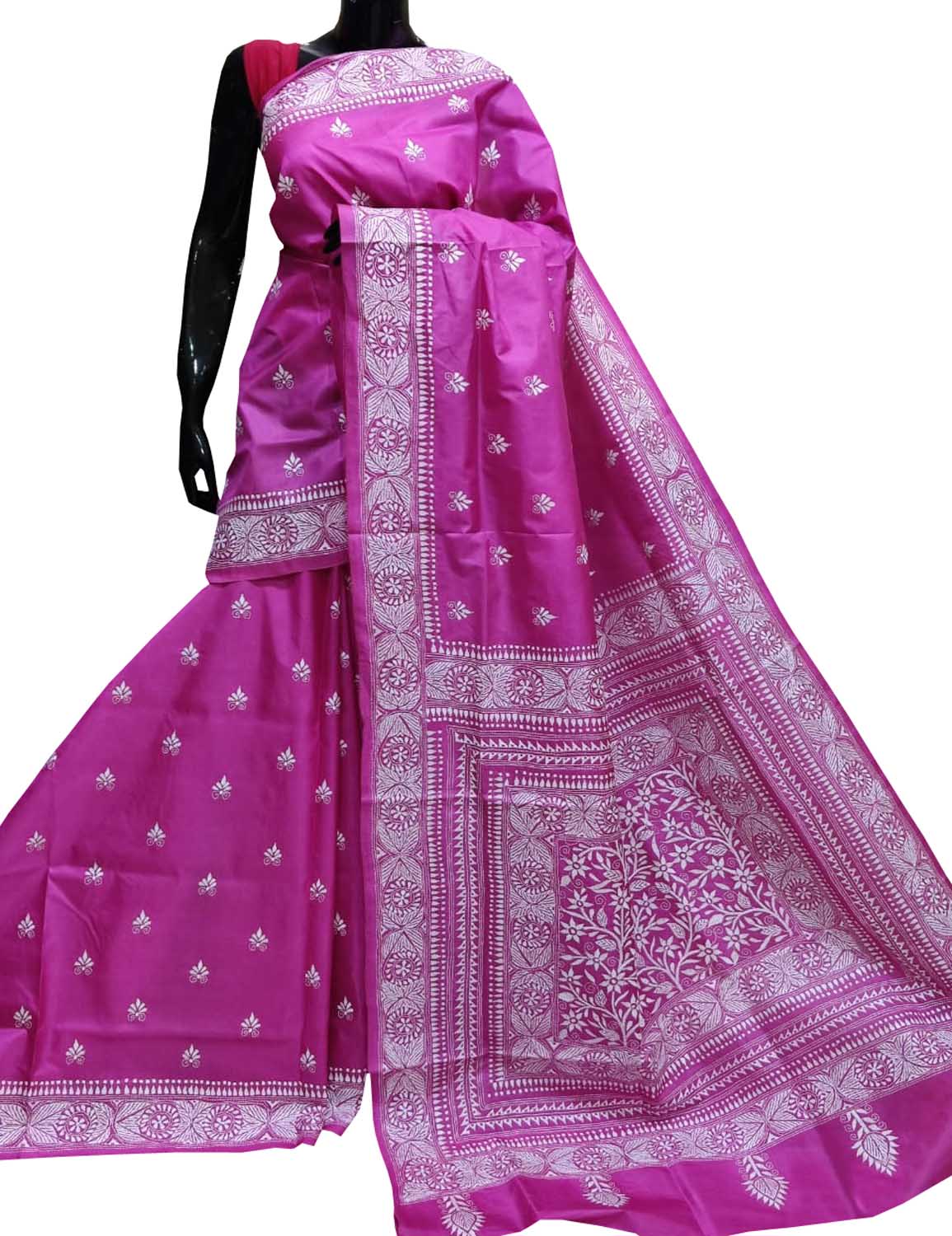 Exquisite Pink Kantha Work Silk Saree: Hand Embroidered Elegance - Luxurion World