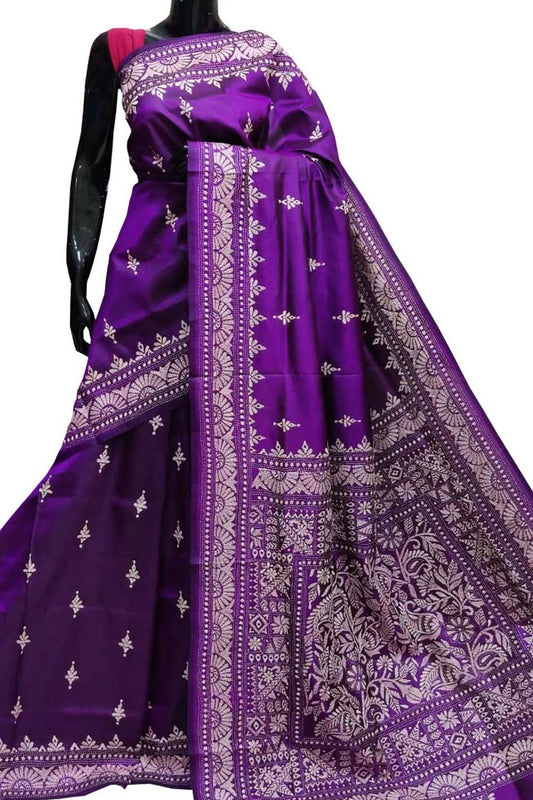 Exquisite Purple Kantha Work Bangalore Silk Saree: Hand Embroidered Elegance