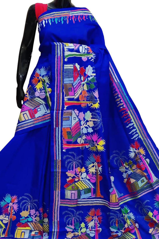 Blue Kantha Work Bangalore Silk Saree - Luxurion World