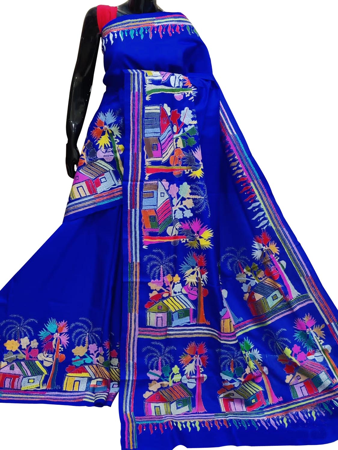 Blue Kantha Work Bangalore Silk Saree - Luxurion World