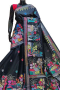 Exquisite Black Hand Embroidered Kantha Work Bangalore Silk Saree - Luxurion World