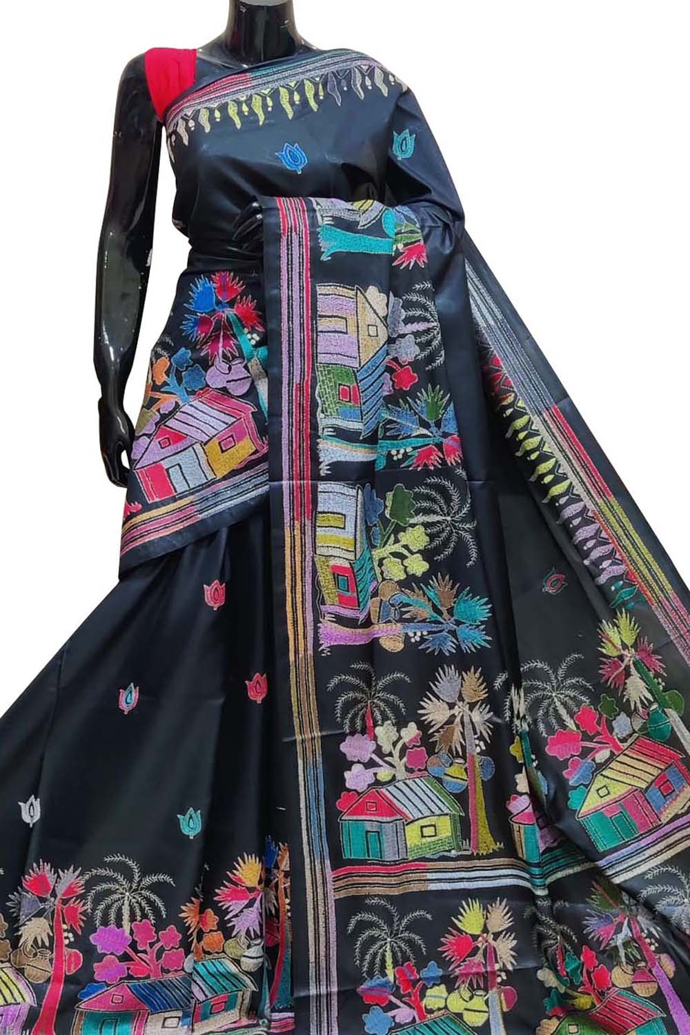 Exquisite Black Hand Embroidered Kantha Work Bangalore Silk Saree - Luxurion World