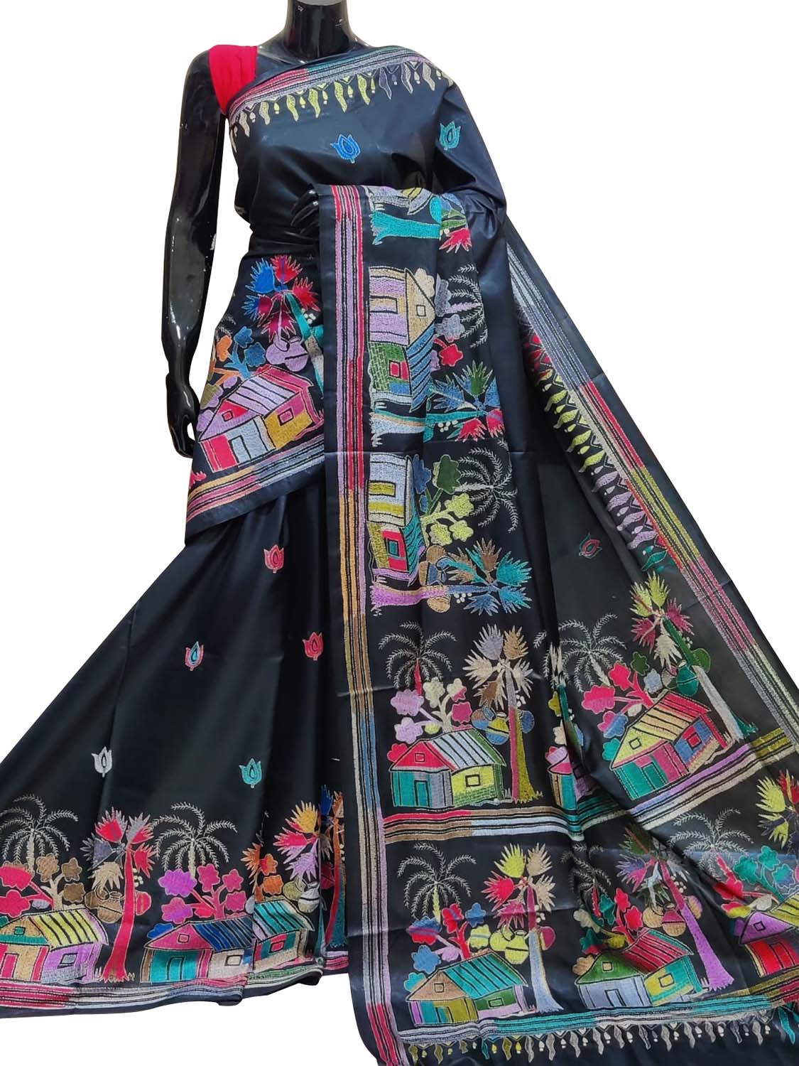 Exquisite Black Hand Embroidered Kantha Work Bangalore Silk Saree - Luxurion World