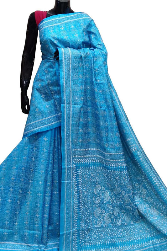 Blue Kantha Work Bangalore Silk Saree - Luxurion World
