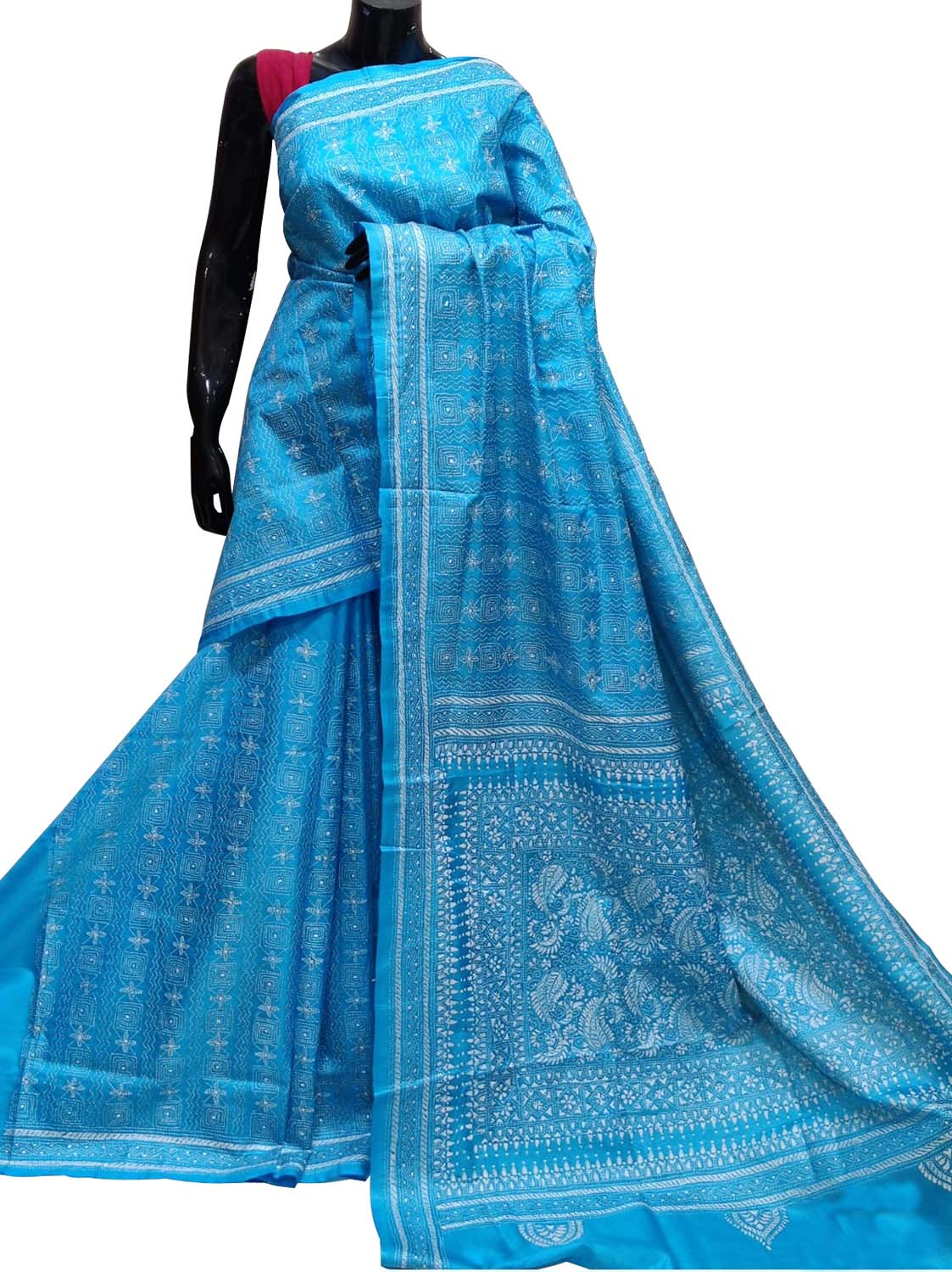 Blue Kantha Work Bangalore Silk Saree - Luxurion World