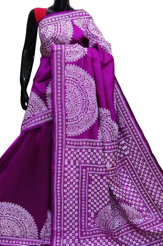 Exquisite Purple Kantha Work Bangalore Silk Saree: Hand Embroidered Elegance