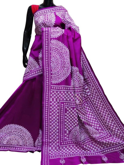 Exquisite Purple Kantha Work Bangalore Silk Saree: Hand Embroidered Elegance - Luxurion World