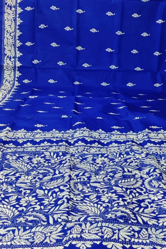 Blue Kantha Work Bangalore Silk Saree - Luxurion World