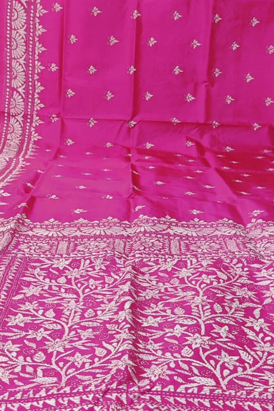 Exquisite Pink Kantha Work Bangalore Silk Saree: Hand-Embroidered Elegance