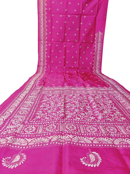 Exquisite Pink Kantha Work Bangalore Silk Saree: Hand-Embroidered Elegance - Luxurion World