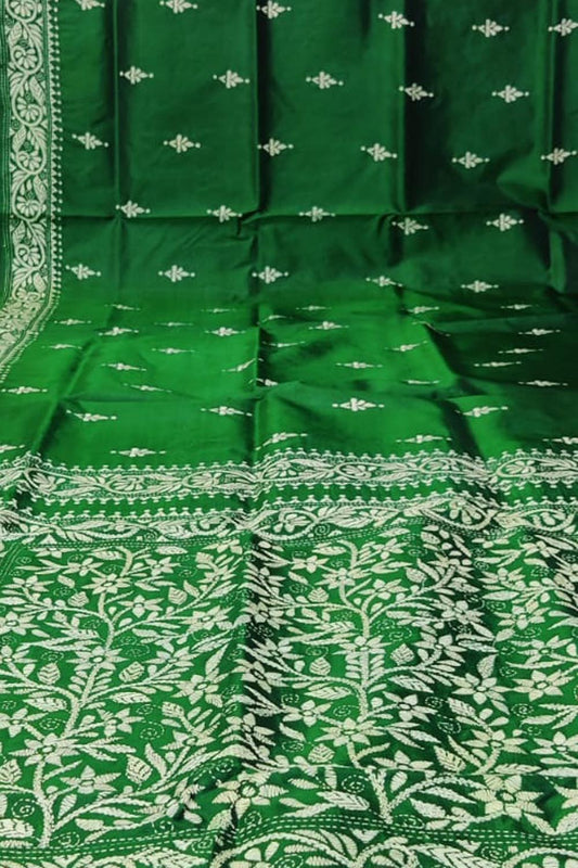 Exquisite Green Hand Embroidered Kantha Work Bangalore Silk Saree