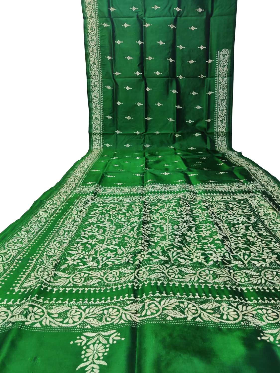 Exquisite Green Hand Embroidered Kantha Work Bangalore Silk Saree - Luxurion World