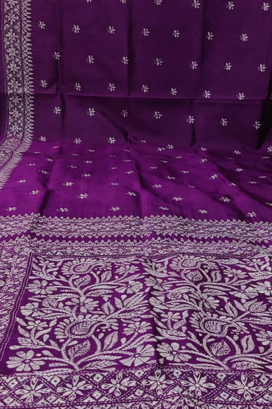 Exquisite Purple Hand Embroidered Kantha Work Bangalore Silk Saree - Luxurion World