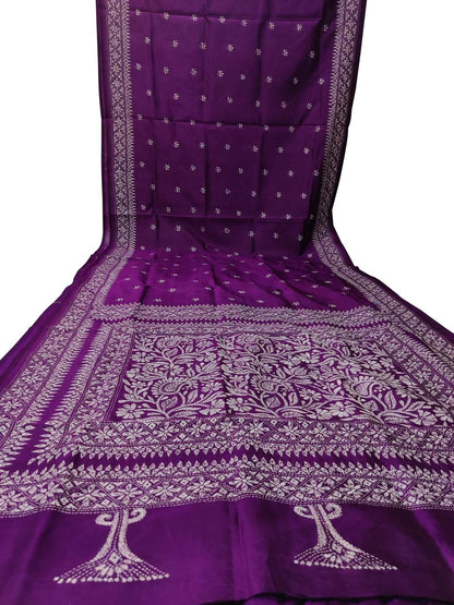 Exquisite Purple Hand Embroidered Kantha Work Bangalore Silk Saree - Luxurion World