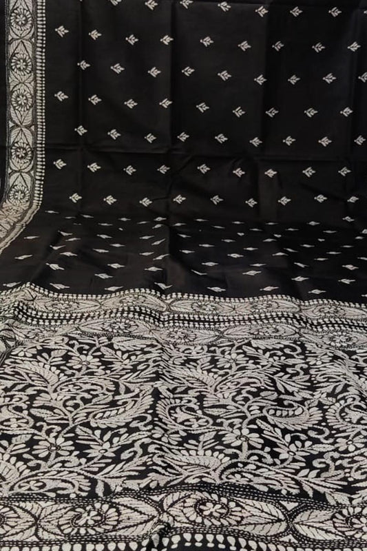 Black Hand Embroidered Kantha Work Pure Bangalore Silk Saree - Luxurion World