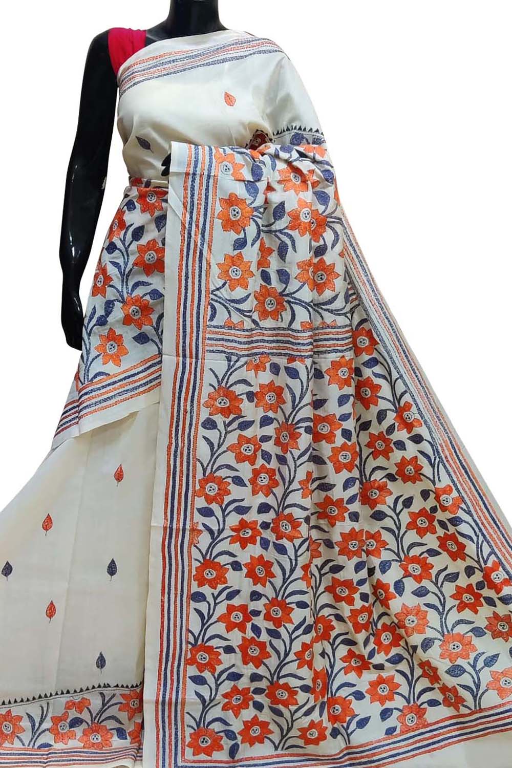 Elegant Off White Kantha Work Tussar Silk Saree - Luxurion World