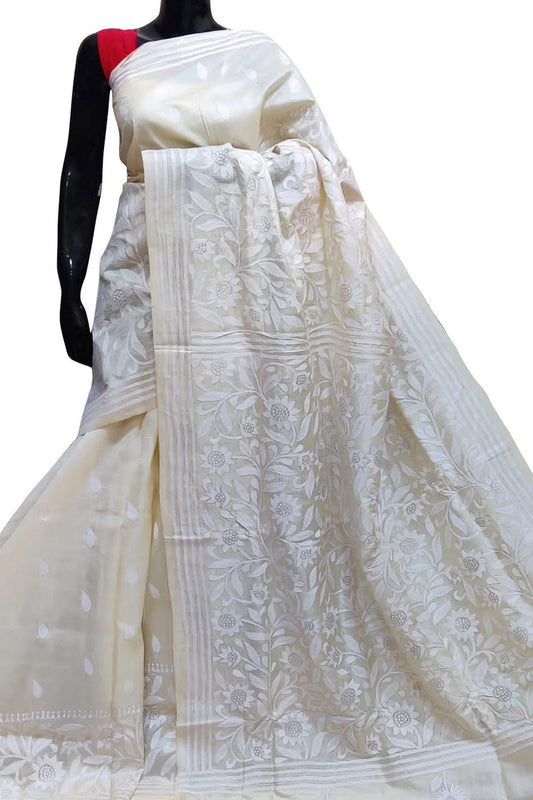 Elegant Off White Kantha Work Tussar Silk Saree - Luxurion World