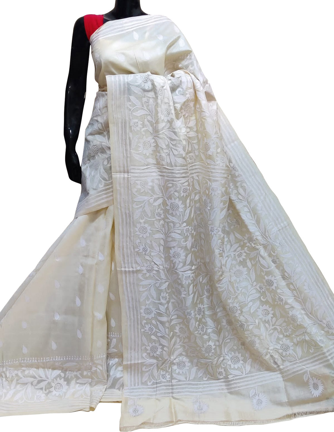 Elegant Off White Kantha Work Tussar Silk Saree - Luxurion World