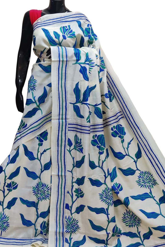 Elegant Off White Kantha Work Tussar Silk Saree
