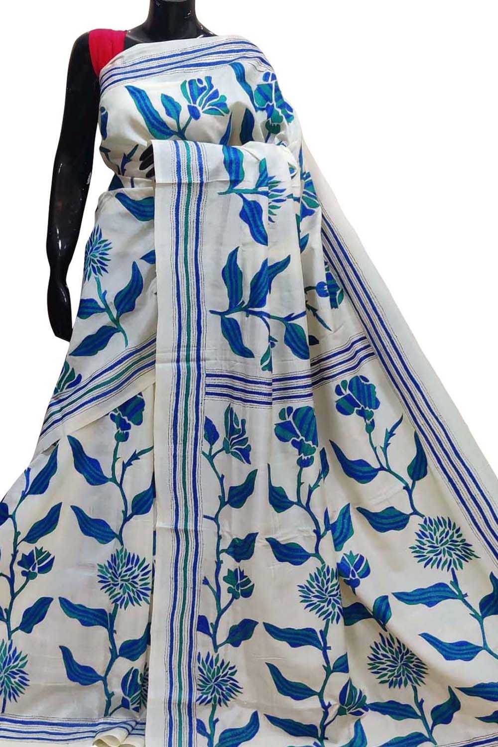 Elegant Off White Kantha Work Tussar Silk Saree - Luxurion World
