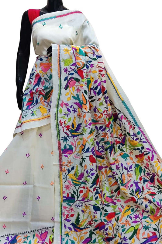 Elegant Off White Kantha Work Tussar Silk Saree - Luxurion World