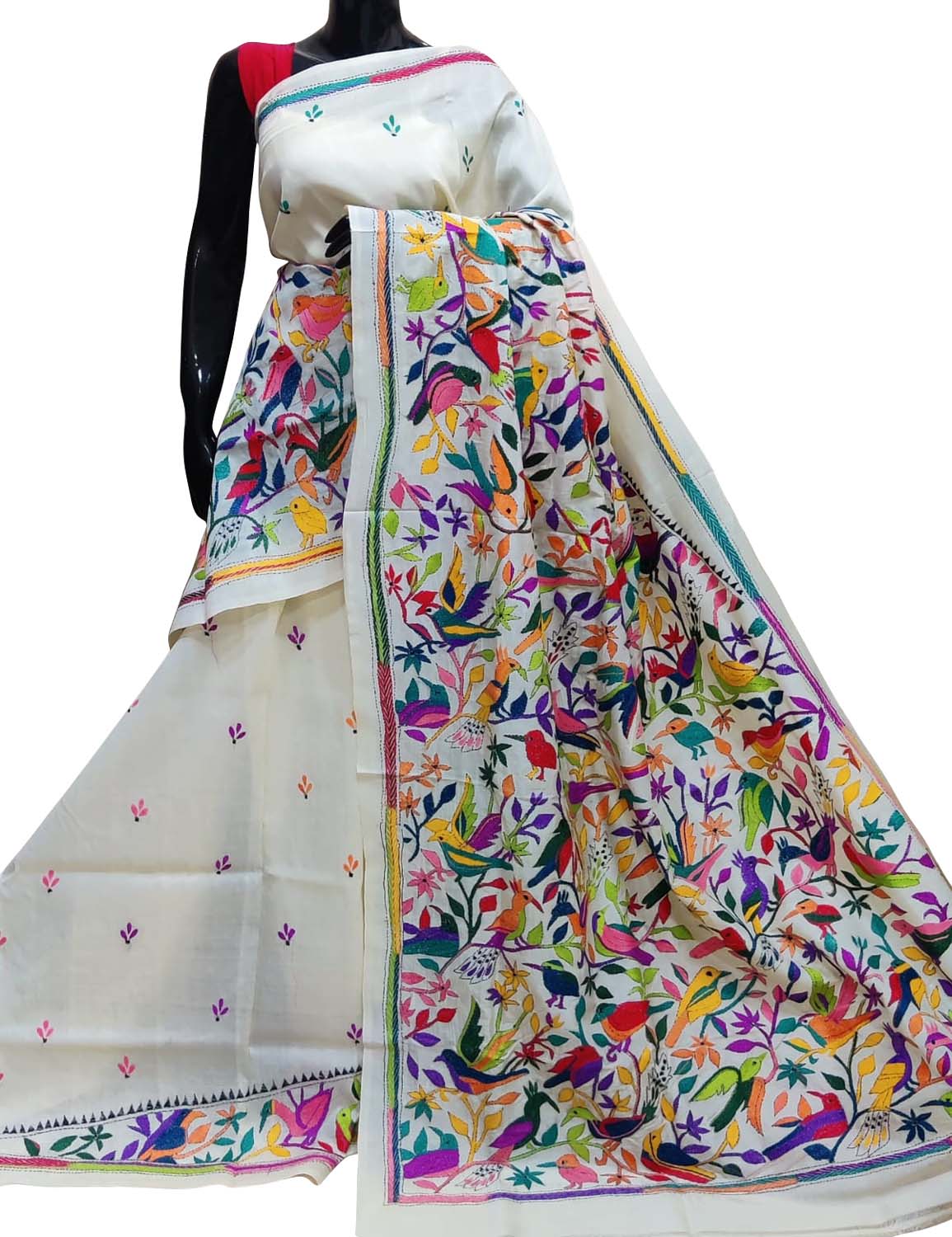 Elegant Off White Kantha Work Tussar Silk Saree - Luxurion World