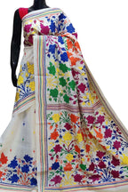 Elegant Off White Kantha Work Tussar Silk Saree - Luxurion World