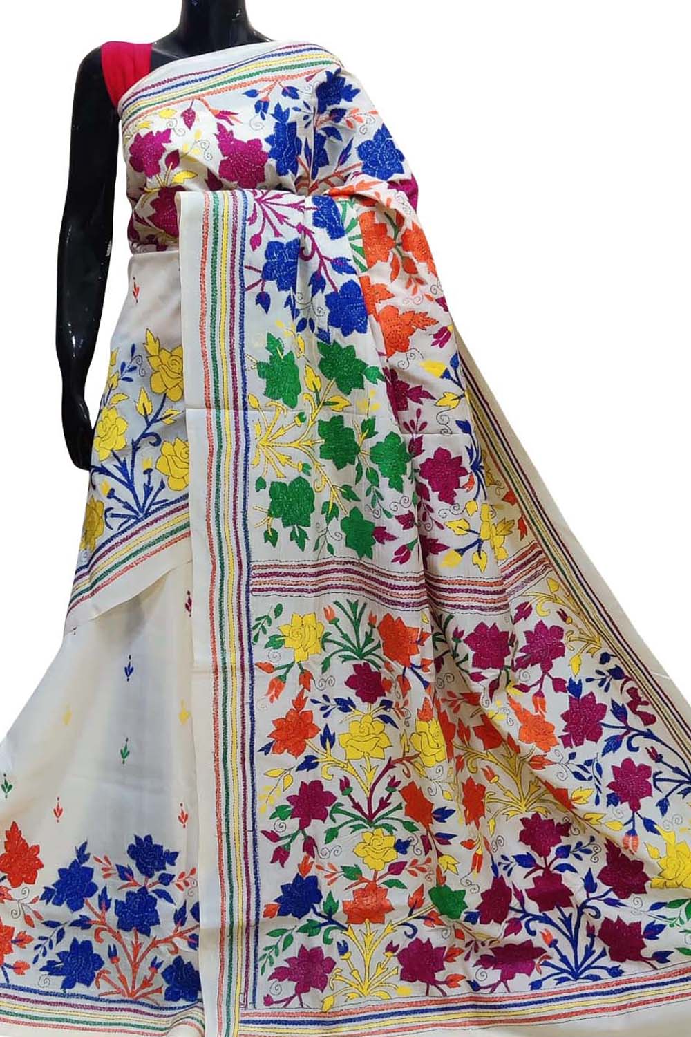 Elegant Off White Kantha Work Tussar Silk Saree - Luxurion World