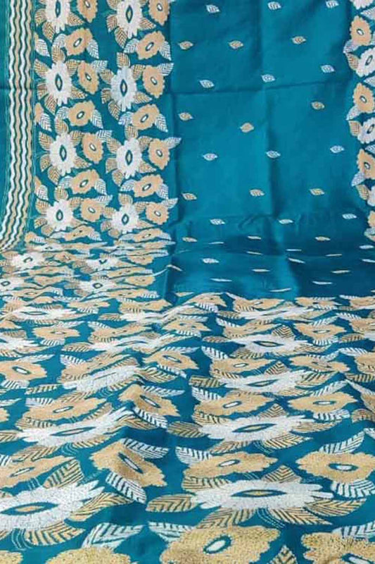Exquisite Blue Hand Embroidered Kantha Work Bangalore Silk Saree - Luxurion World