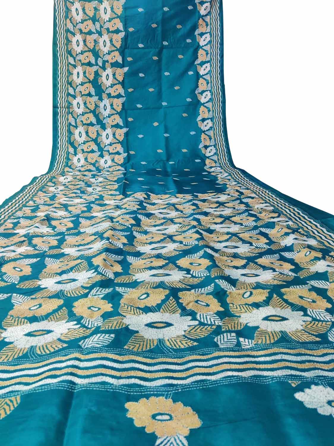 Exquisite Blue Hand Embroidered Kantha Work Bangalore Silk Saree - Luxurion World