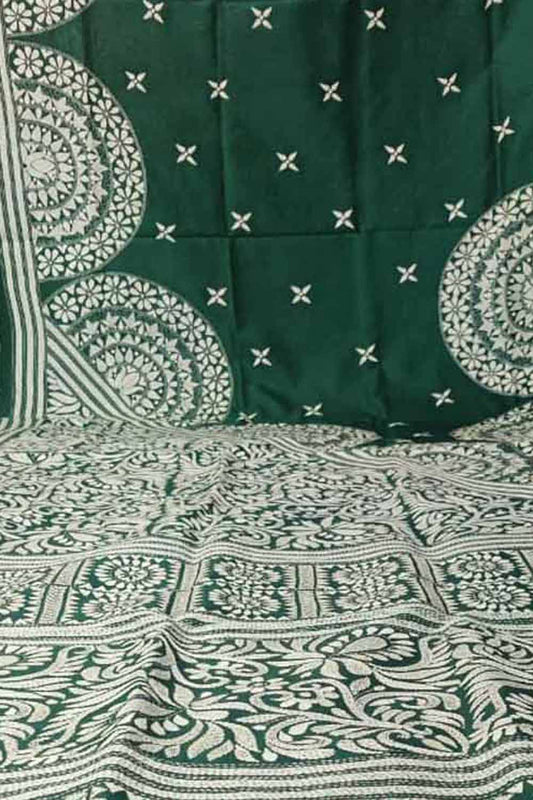 Exquisite Green Hand Embroidered Kantha Work Bangalore Silk Saree - Luxurion World