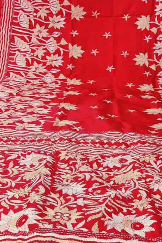Exquisite Red Hand Embroidered Kantha Work Bangalore Silk Saree - Luxurion World