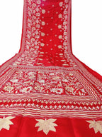 Exquisite Red Hand Embroidered Kantha Work Bangalore Silk Saree - Luxurion World