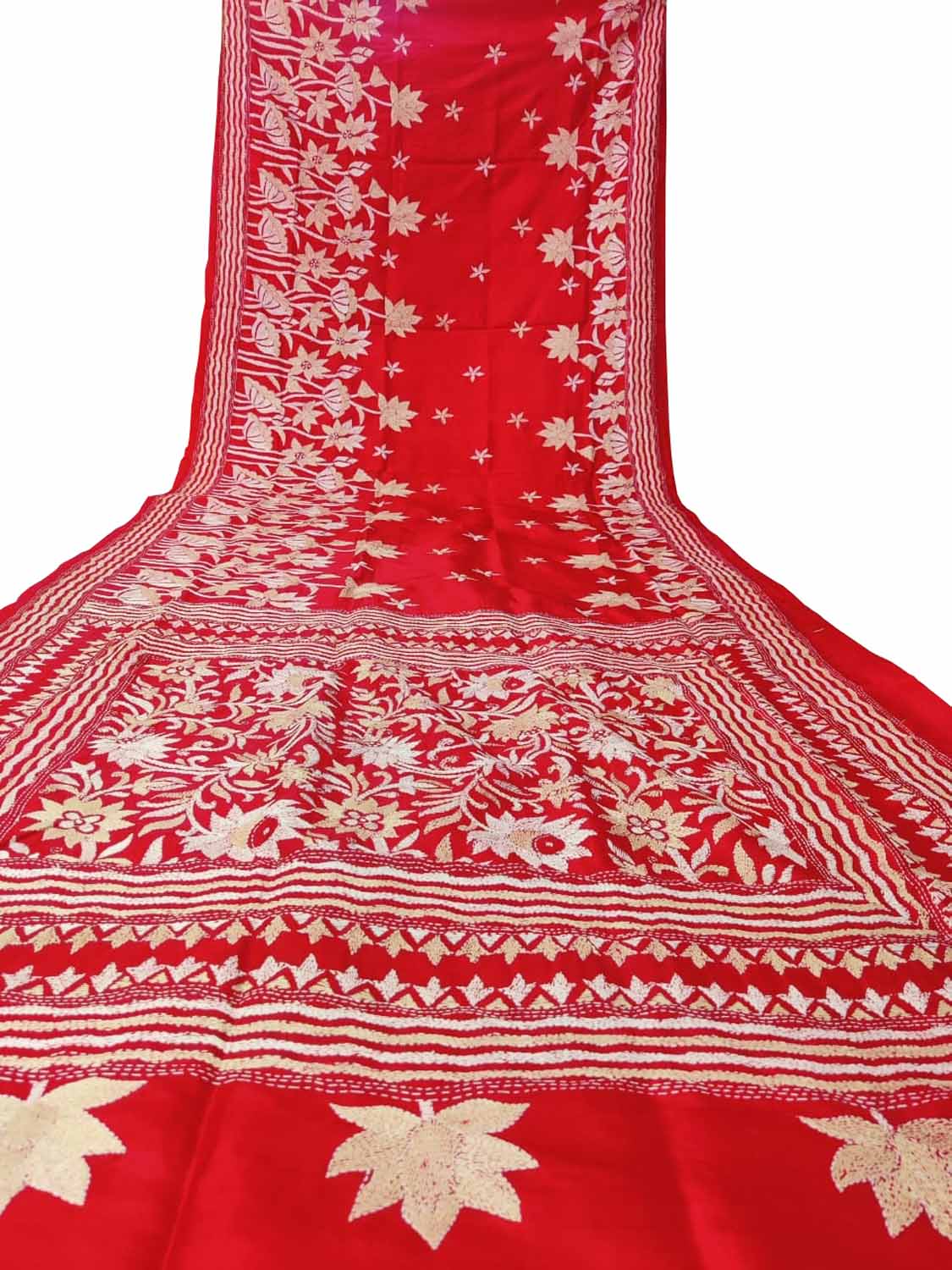 Exquisite Red Hand Embroidered Kantha Work Bangalore Silk Saree - Luxurion World