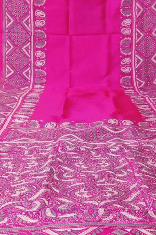 Exquisite Pink Kantha Work Bangalore Silk Saree: Hand Embroidered Elegance - Luxurion World