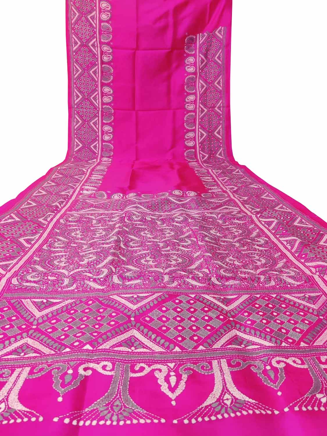 Exquisite Pink Kantha Work Bangalore Silk Saree: Hand Embroidered Elegance - Luxurion World