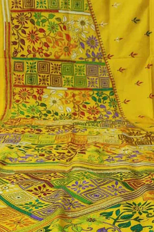 Yellow Hand Embroidered Kantha Work Bangalore Silk Saree - Luxurion World