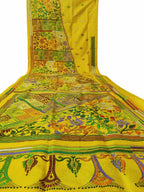 Yellow Hand Embroidered Kantha Work Bangalore Silk Saree - Luxurion World