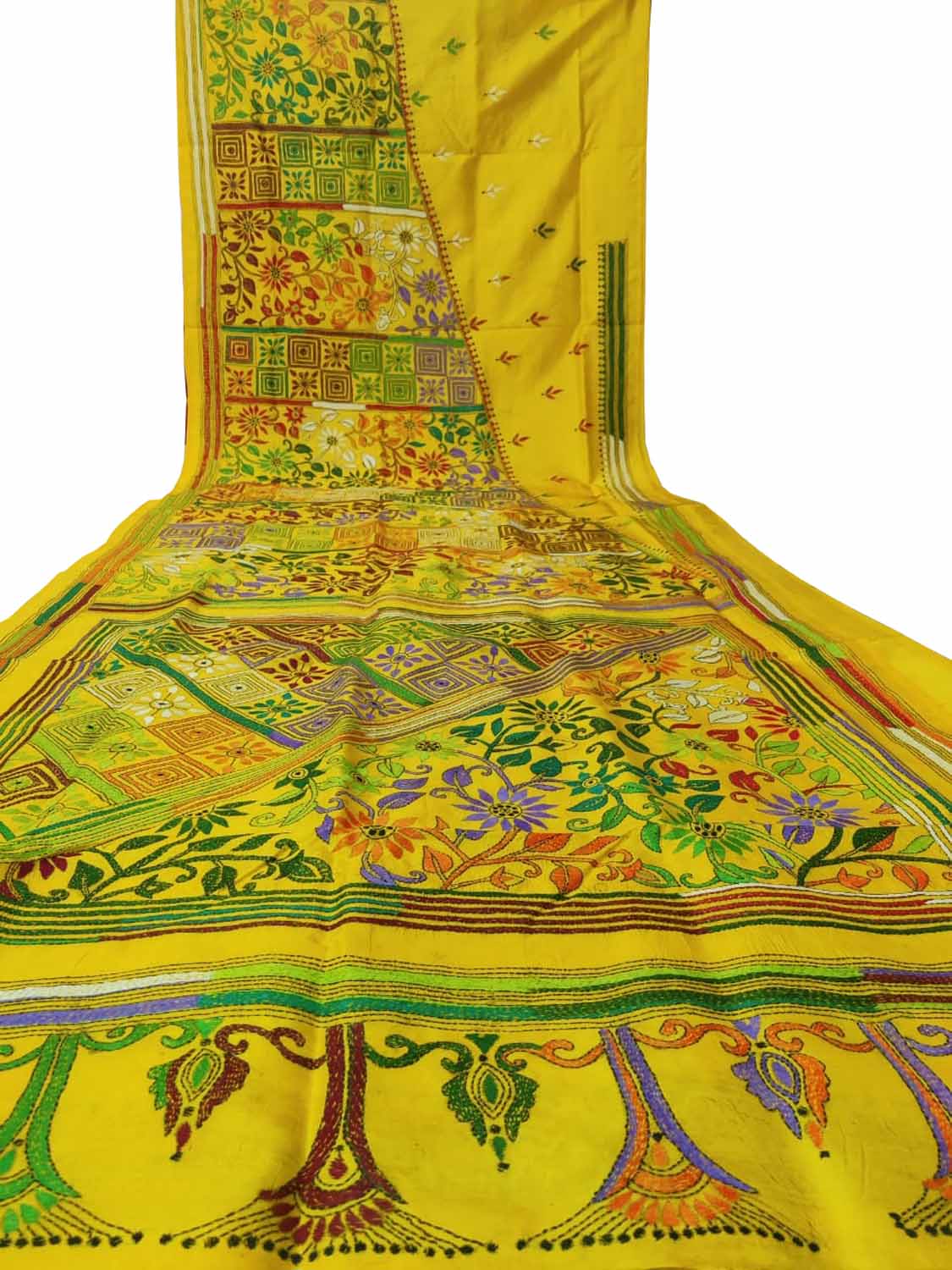Yellow Hand Embroidered Kantha Work Bangalore Silk Saree - Luxurion World
