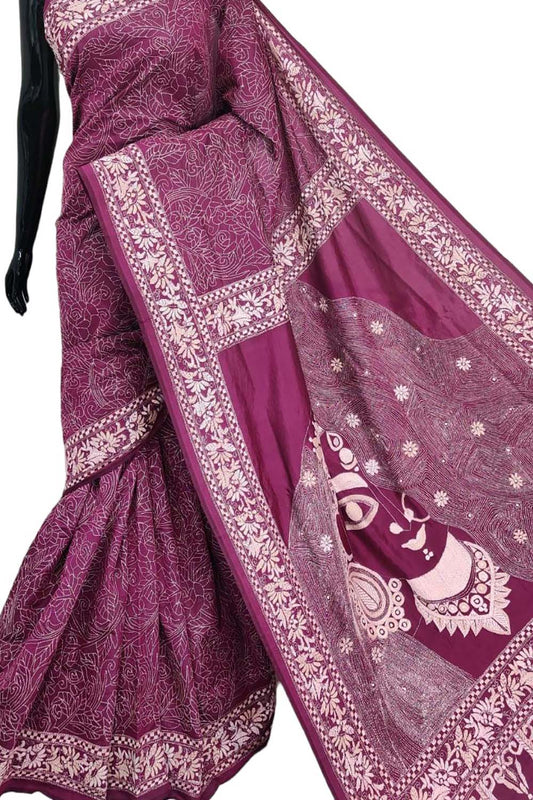 Purple Kantha Hand Embroidered Bangalore Silk Saree - Luxurion World