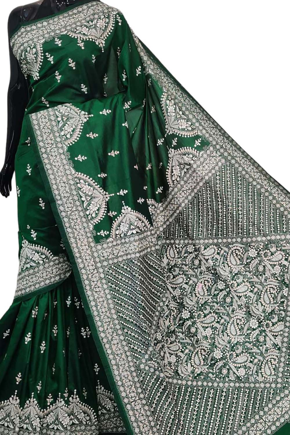 Green Kantha Hand Embroidered Bangalore Silk Saree