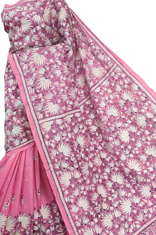 Pink Kantha Hand Embroidered Bangalore Silk Saree - Luxurion World