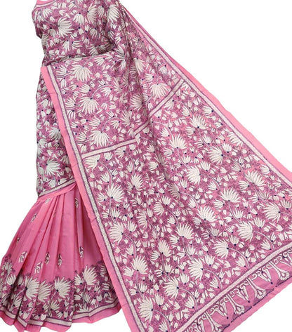 Pink Kantha Hand Embroidered Bangalore Silk Saree - Luxurion World