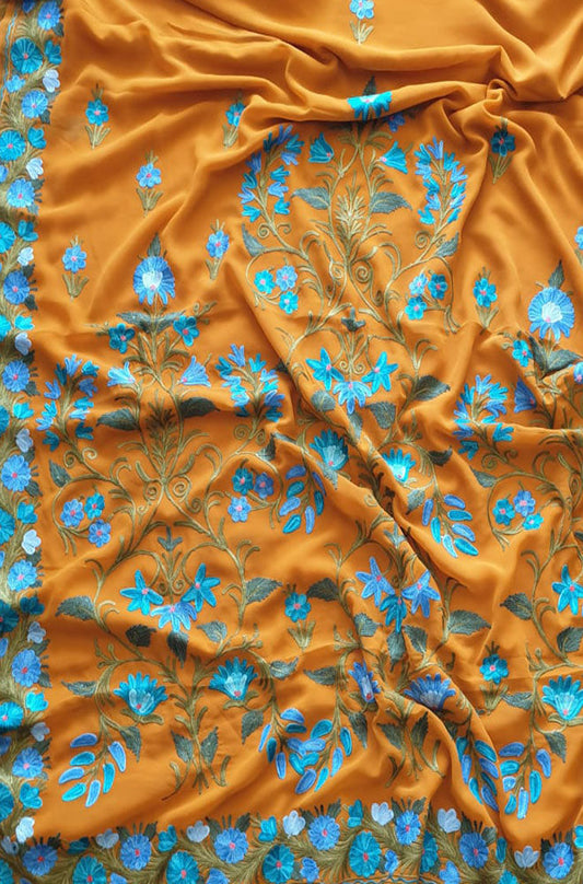 Yellow Embroidered Kashmiri Aari Work Georgette Saree - Luxurion World