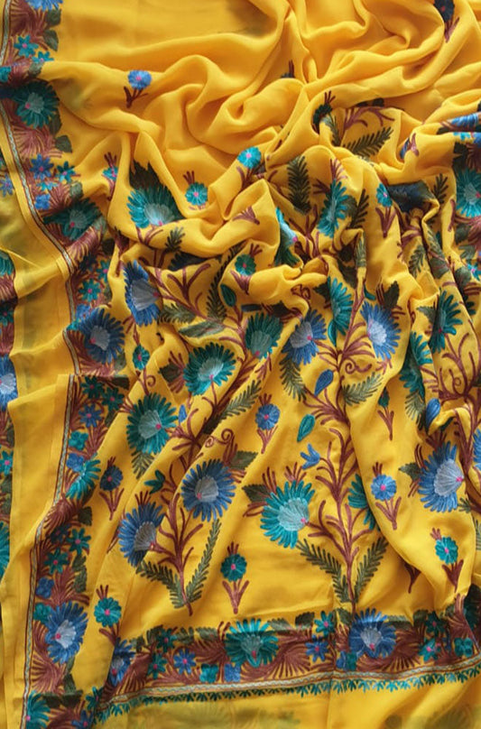 Yellow Embroidered Kashmiri Aari Work Georgette Saree - Luxurion World