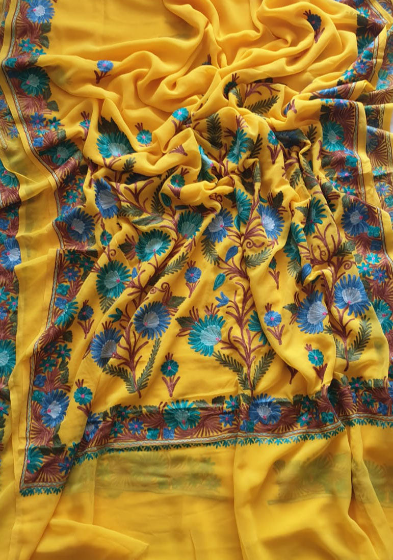 Yellow Embroidered Kashmiri Aari Work Georgette Saree