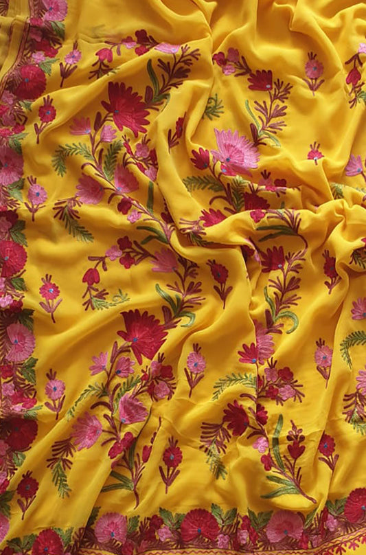 Yellow Embroidered Kashmiri Aari Work Georgette Saree - Luxurion World