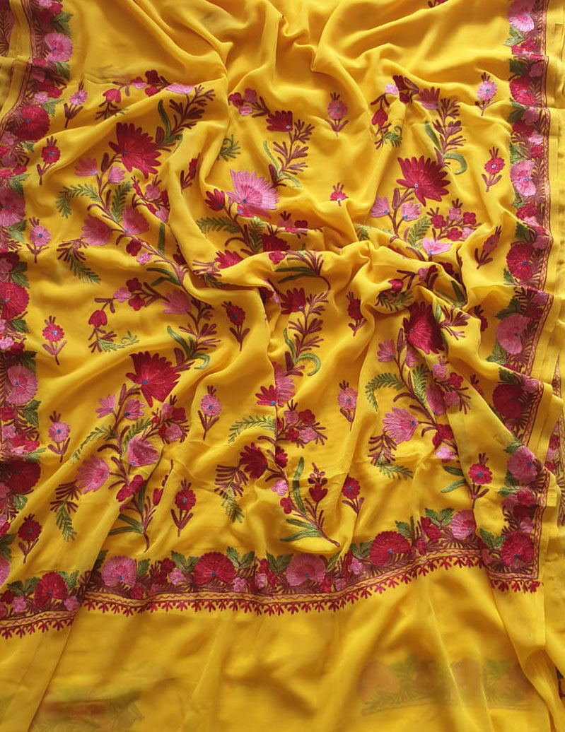 Yellow Embroidered Kashmiri Aari Work Georgette Saree - Luxurion World